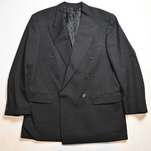 Vtg Double Breasted 40R Black 100% Wool Mens Blazer Suit Jacket Sport Coat